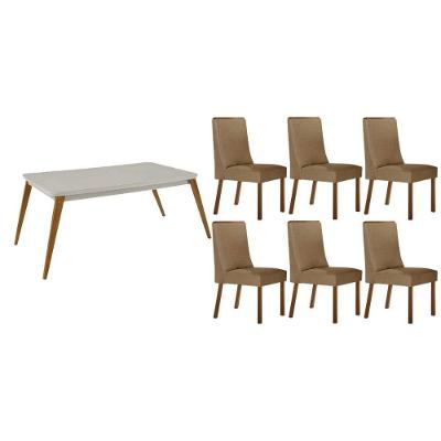 Sala de Jantar Havana 6 Lugares Tampo MDF com Cadeiras Estofadas Linho Bege 180CM Móveis Rufato