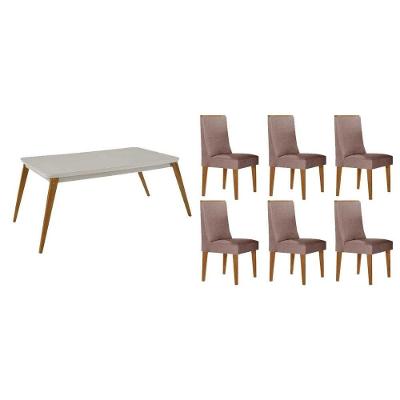 Sala de Jantar Havana 6 Lugares Tampo MDF Design Curvo Off White 180CM Móveis Rufato