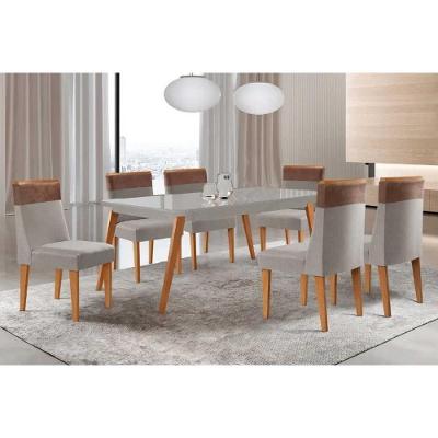 Sala de Jantar Havana Curvo 6 Lugares Tampo MDF Cadeiras Estofadas Suede Off White 180CM Móveis