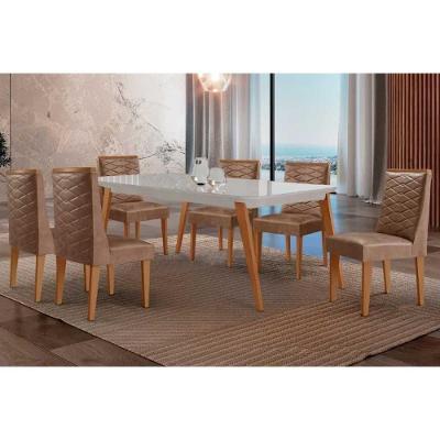 Sala de Jantar Havana 6 Lugares Tampo MDF com Cadeiras Estofadas Off White e Capuccino 180CM Móveis