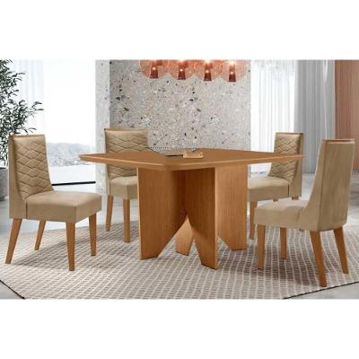 Sala de Jantar Mesa Nevada Curvo 4 Lugares Tampo MDF com Cadeiras Estofadas Bege 90CM Móveis Rufato