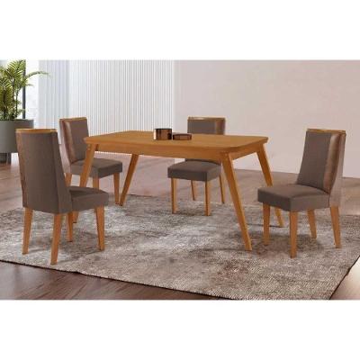 Sala de Jantar Havana Curvo 4 Lugares Tampo MDF Cadeiras Suede Marrom 120CM Móveis Rufato