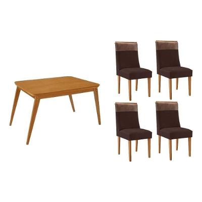 Sala de Jantar Havana Curvo 4 Lugares Tampo MDF Cadeiras Suede Marrom 120CM Móveis Rufato