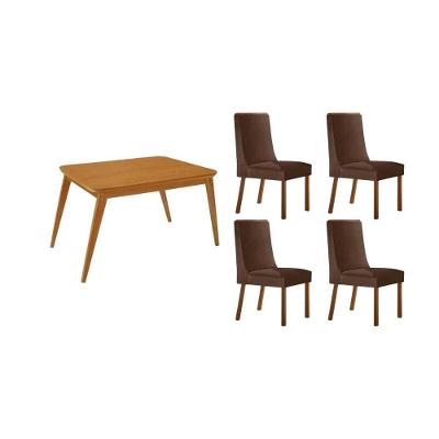 Sala de Jantar Havana Curvo 4 Lugares Tampo MDF Cadeiras Suede Marrom 120CM Móveis Rufato
