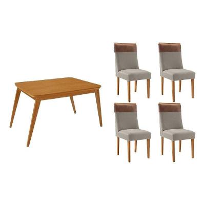 Sala de Jantar Havana Curvo 4 Lugares Tampo MDF com Cadeiras Suede Capuccino 120CM Móveis Rufato