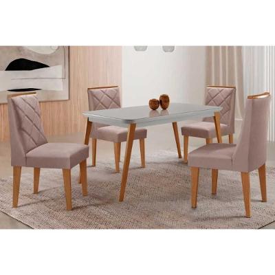 Sala de Jantar Havana Curvo 4 Lugares Tampo MDF com Vidro Temperado Off White 120CM Móveis Rufato