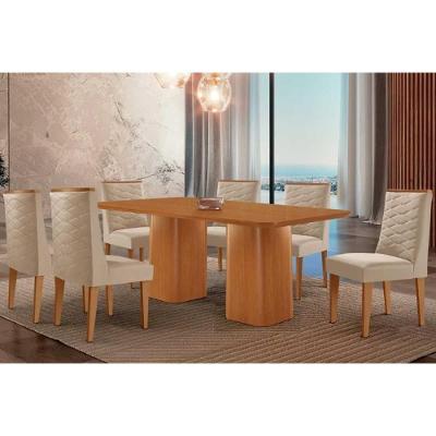 Sala de Jantar Maldivas 6 Lugares Tampo MDF com Cadeiras Estofadas Suede Creme 180X90CM Móveis