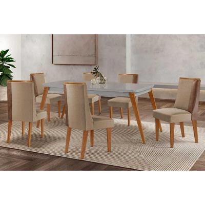 Sala de Jantar Havana Curvo 6 Lugares Tampo MDF Cadeiras Estofadas Suede Off White 180CM Móveis