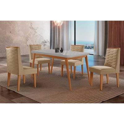 Sala de Jantar Havana Curvo 4 Lugares Tampo MDF com Vidro Temperado Off White 120CM Móveis Rufato