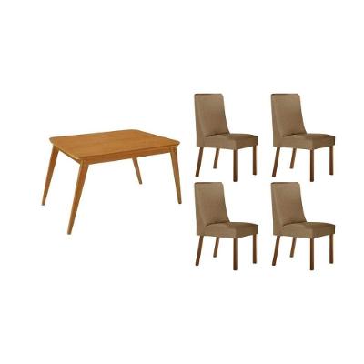 Sala de Jantar Havana Curvo 4 Lugares Tampo MDF Design Retangular Linho Bege 120CM Móveis Rufato