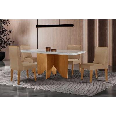 Sala de Jantar Mesa Nevada Curvo 4 Lugares Tampo MDF com Cadeiras Estofadas Bege 120CM Móveis Rufato