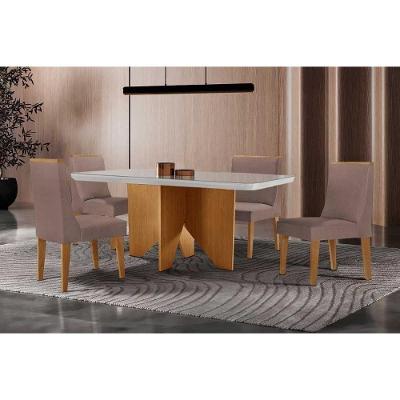 Sala de Jantar Mesa Nevada Curvo 4 Lugares Tampo MDF com Cadeiras Estofadas Capuccino 120CM Móveis