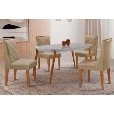Sala de Jantar Havana Curvo 4 Lugares Tampo MDF com Vidro Temperado Off White 120CM Móveis Rufato