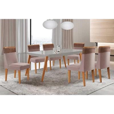 Sala de Jantar Havana Curvo 6 Lugares Tampo em MDF com Cadeiras Estofadas Off White 180CM Móveis