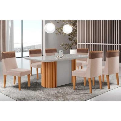 Sala de Jantar Jaspe 6 Lugares Tampo MDF Pilar Curvo Off White 180CM Móveis Rufato