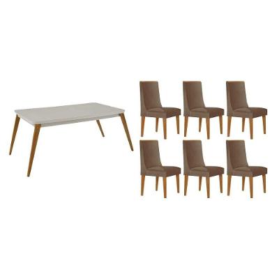 Sala de Jantar Havana Curvo 6 Lugares Tampo em Vidro Estofado Off White 180CM Móveis Rufato