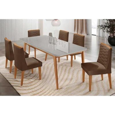 Sala de Jantar Havana Curvo 6 Lugares Tampo MDF Cadeiras Estofadas Suede Off White 180CM Móveis