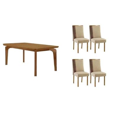 Sala de Jantar Londrina + Tília 4 Lugares Tampo MDF Cadeiras Estofadas Capuccino e Linho Bege 120CM