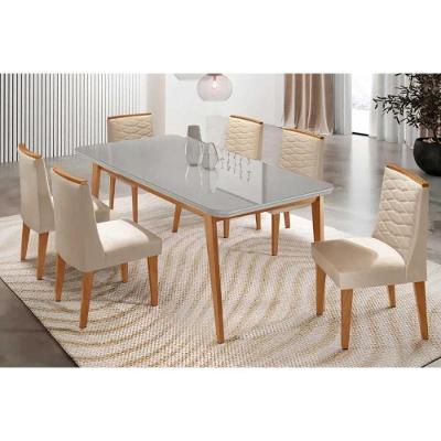 Sala de Jantar Mesa Havana Curvo 6 Lugares Tampo MDF com Cadeiras Suede Off White 180CM Móveis
