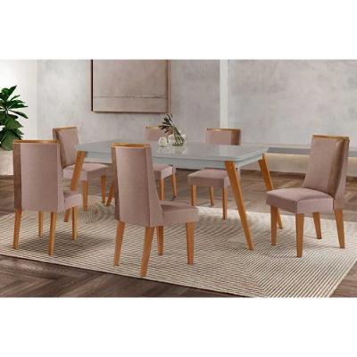 Sala de Jantar Havana Curvo 6 Lugares Tampo MDF Cadeiras Estofadas Off White 180CM Móveis Rufato