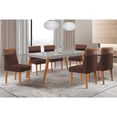 Sala de Jantar Havana Curvo 6 Lugares Tampo MDF Cadeiras Suede Off White 180CM Móveis Rufato