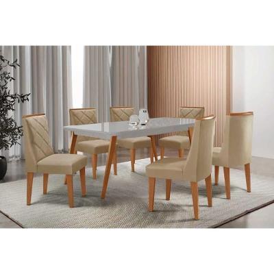 Sala de Jantar Havana Curvo 6 Lugares Tampo MDF com Cadeiras Estofadas Off White 180CM Móveis Rufato