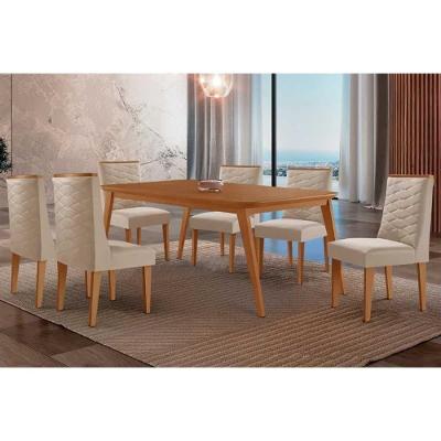 Sala de Jantar Havana Curvo 6 Lugares Tampo MDF com Cadeiras Suede Creme 180CM Móveis Rufato