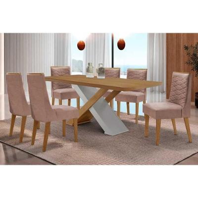 Sala de Jantar Imperatriz Curvo 6 Lugares Tampo MDF Bordas Arredondadas Off White 180CM Móveis