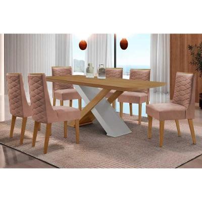 Sala de Jantar Imperatriz Curvo 6 Lugares Tampo MDF Bordas Arredondadas Linho Capuccino 180CM Móveis