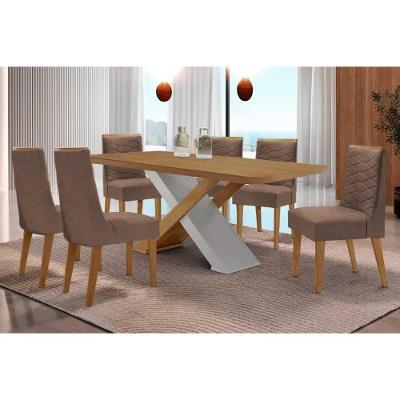 Sala de Jantar Imperatriz Curvo 6 Lugares Tampo MDF Bordas Arredondadas Amadeirado 180CM Móveis