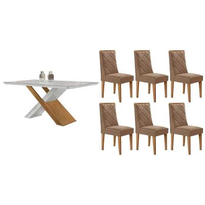 Sala de Jantar Imperatriz Curvo 6 Lugares Tampo MDF Cadeiras Estofadas Suede Capuccino 180CM Móveis