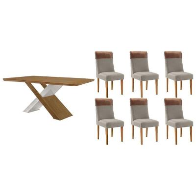 Sala de Jantar Imperatriz Curvo 6 Lugares Tampo MDF Bordas Arredondadas Off White e Suede Capuccino