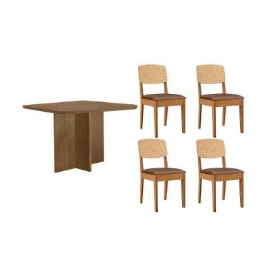 Sala de Jantar Berlim Curvo 4 Lugares Tampo MDF Cadeiras Estofadas Corino Capuccino 90CM Móveis