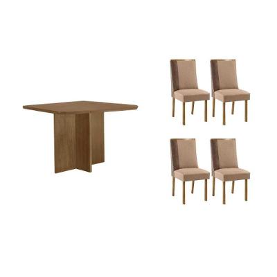 Sala de Jantar Berlim Curvo 4 Lugares Tampo MDF Cadeiras Estofadas Suede Linho Capuccino 90CM Móveis