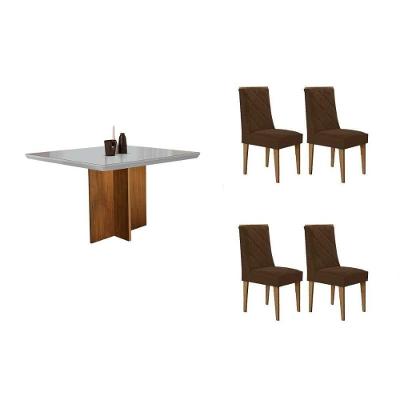 Sala de Jantar Berlim Curvo 4 Lugares Tampo MDF Cadeiras Estofadas Off White 90CM Móveis Rufato