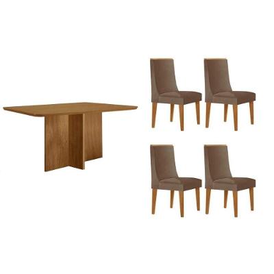Sala de Jantar Berlim Curvo 4 Lugares Tampo MDF Cadeiras Estofadas Corino Capuccino 120CM Móveis