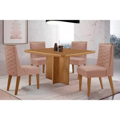 Sala de Jantar Berlim Curvo 4 Lugares Tampo MDF Cadeiras Estofadas Linho Capuccino 90CM Móveis