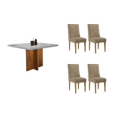 Sala de Jantar Berlim Curvo 4 Lugares Tampo MDF Cadeiras Estofadas Off White 90CM Móveis Rufato