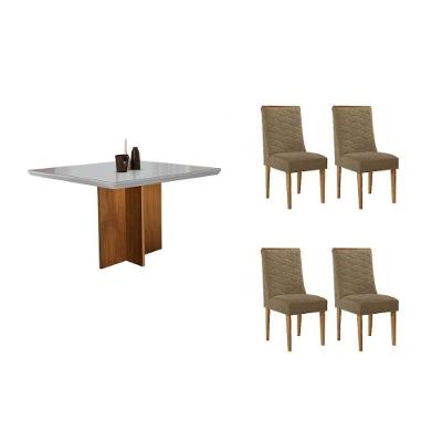 Sala de Jantar Berlim Curvo 4 Lugares Tampo MDF Cadeiras Estofadas Suede Off White 90CM Móveis