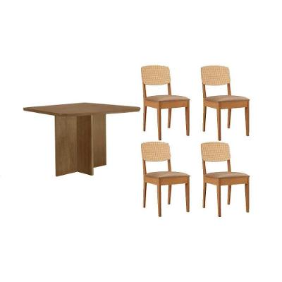 Sala de Jantar Berlim Curvo 4 Lugares Tampo MDF Cadeiras Estofadas Linho Bege 90CM Móveis Rufato