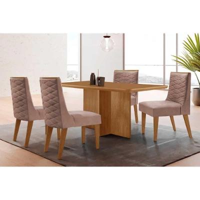 Sala de Jantar Berlim Curvo 4 Lugares Tampo MDF com Cadeiras Estofadas Linho Capuccino 120CM Móveis