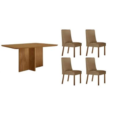 Sala de Jantar Berlim Curvo 4 Lugares Tampo MDF Cadeiras Estofadas Linho Bege 120CM Móveis Rufato