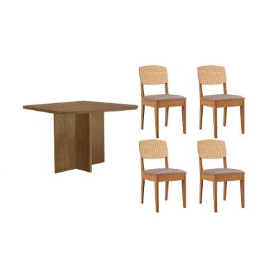 Sala de Jantar Berlim Curvo 4 Lugares Tampo MDF Cadeiras Estofadas Linho Capuccino 90CM Móveis