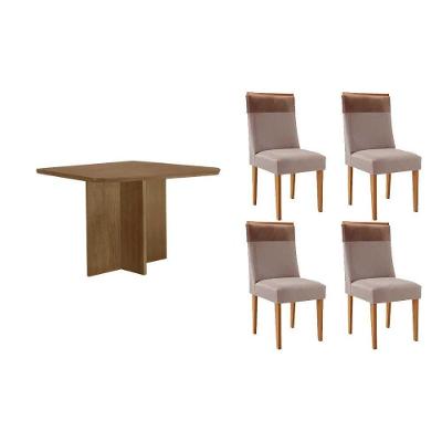 Sala de Jantar Berlim Curvo 4 Lugares Tampo MDF Cadeiras Estofadas Suede Bege 90CM Móveis Rufato