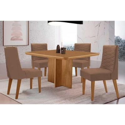 Sala de Jantar Berlim Curvo 4 Lugares Tampo MDF Cadeiras Estofadas Suede Capuccino 90CM Móveis