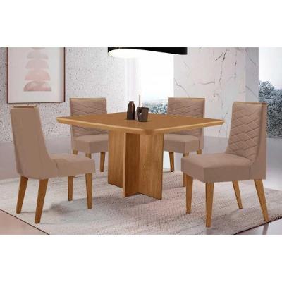 Sala de Jantar Berlim Curvo 4 Lugares Tampo MDF Cadeiras Estofadas Suede Capuccino 90CM Móveis