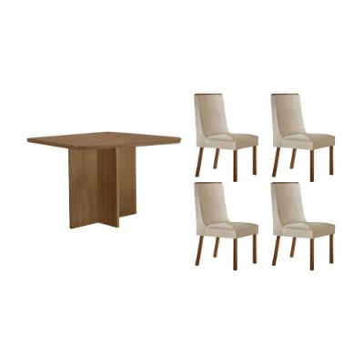 Sala de Jantar Berlim Curvo 4 Lugares Tampo MDF Cadeiras Suede Creme 90CM Móveis Rufato