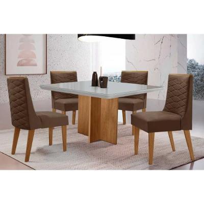 Sala de Jantar Berlim Curvo 4 Lugares Tampo MDF Cadeiras Estofadas Suede Marrom 90CM Móveis Rufato