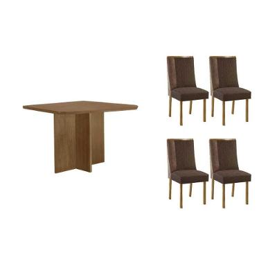 Sala de Jantar Berlim Curvo 4 Lugares Tampo MDF Cadeiras Estofadas Suede Marrom 90CM Móveis Rufato