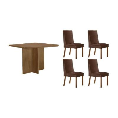 Sala de Jantar Berlim Curvo 4 Lugares Tampo MDF Cadeiras Estofadas Suede Marrom 90CM Móveis Rufato